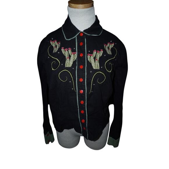 Collectif London Western Cactus Embroidered Shirt Black Red Buttons Size S UK 10 - Picture 2 of 12